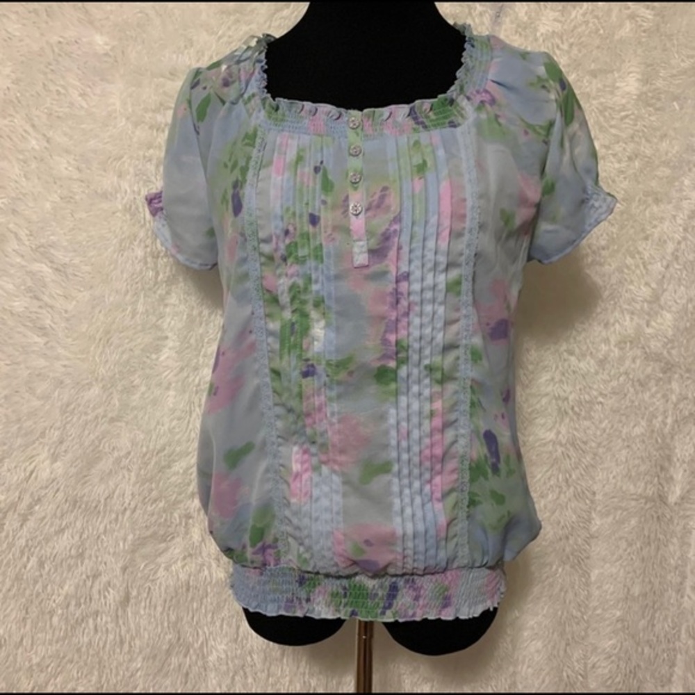 Gloria Vanderbilt Blue Short Sleeve Floral Blouse